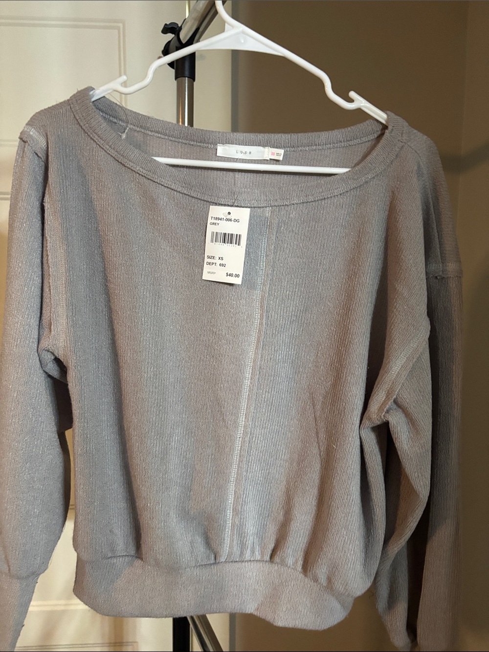 Lush Gray Scoop Neck Ribbed Pullover
